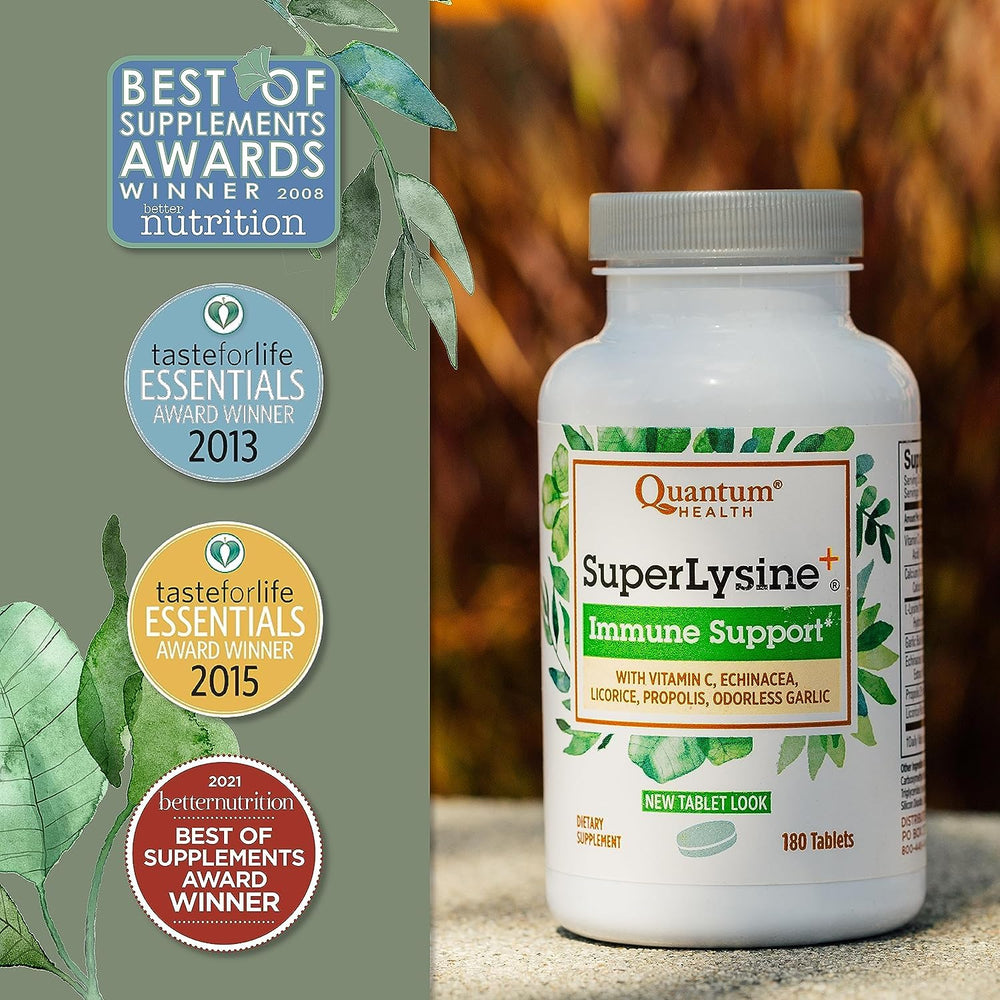 Quantum Health SuperLysine+ tablets with smooth coating for easy swallowing.