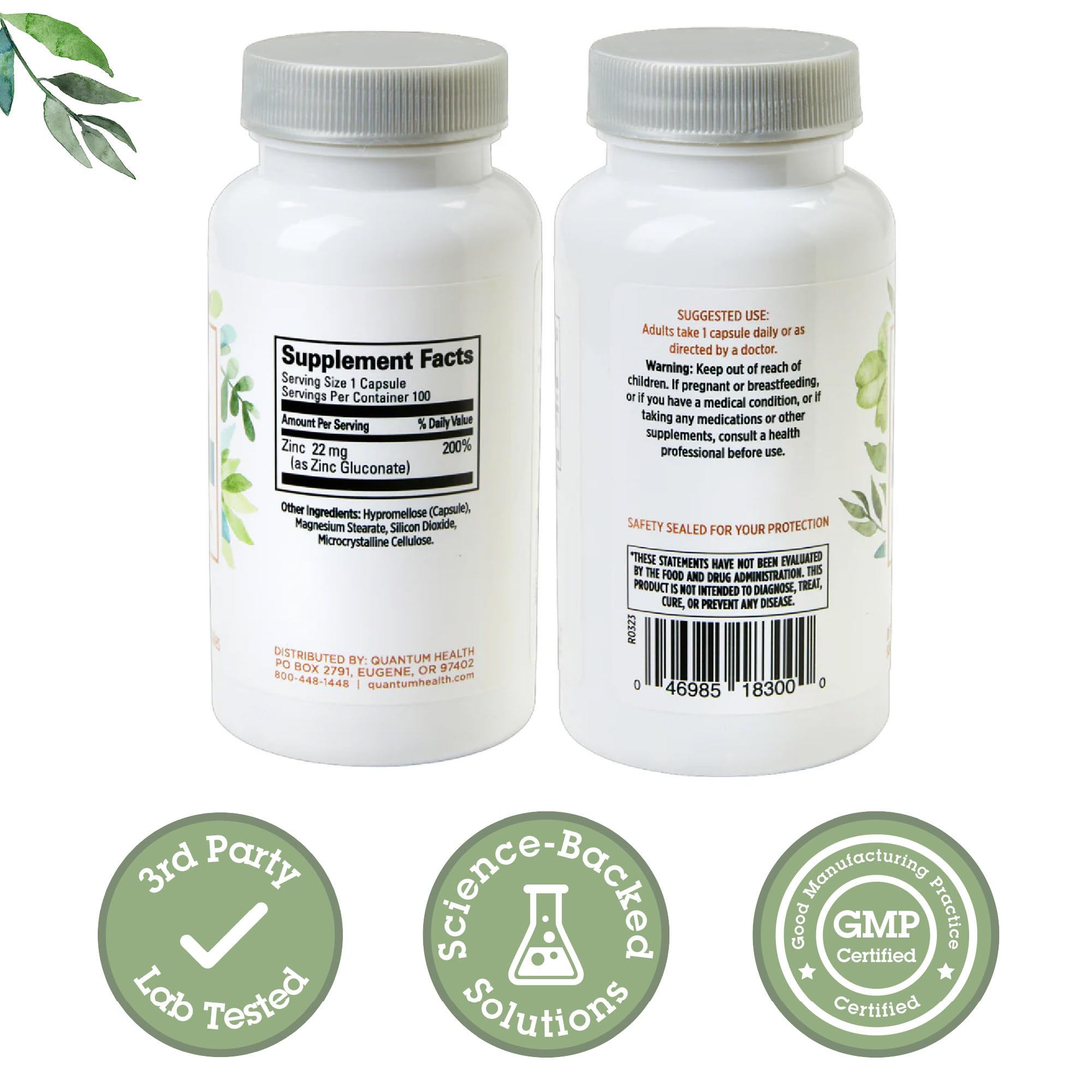 Quantum Health Zinc Gluconate 22mg capsules closeup highlighting daily intake