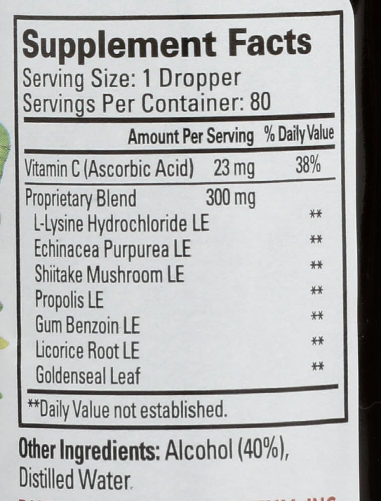 Quantum Lysine liquid ingredients view showing echinacea, garlic, licorice