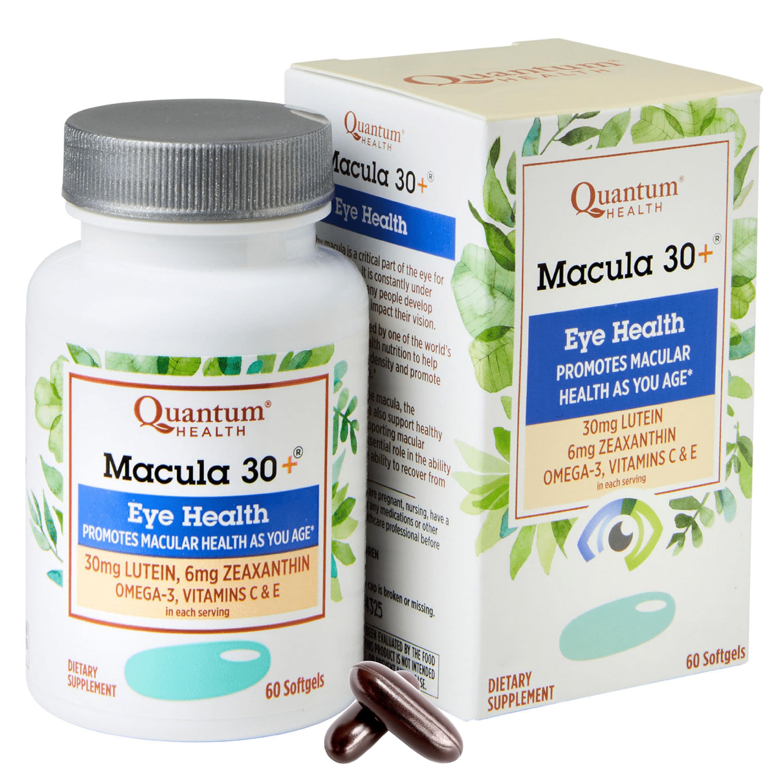 Quantum Macula 30+ bottle front shows eye health support for aging vision.