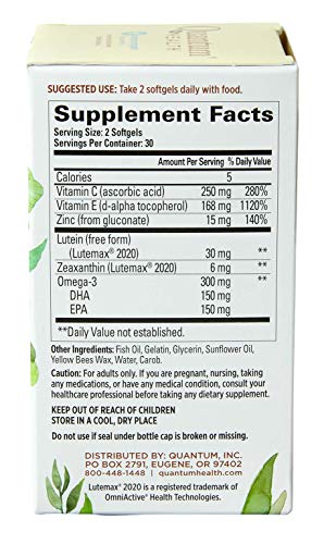 Quantum Macula 30+ ingredients panel highlights omega-3 and antioxidants.