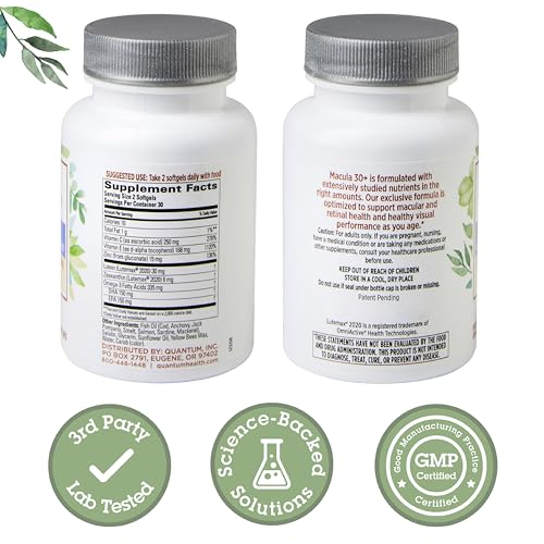 Quantum Macula 30+ softgels close-up highlighting lutein and zeaxanthin.