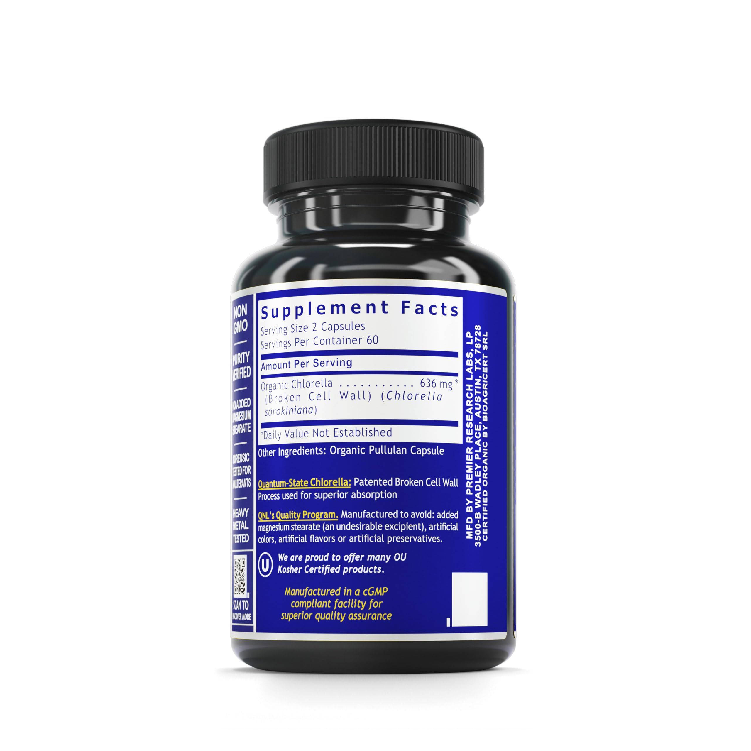 Quantum Nutrition chlorella capsules closeup shows high-chlorophyll content for daily antioxidant support