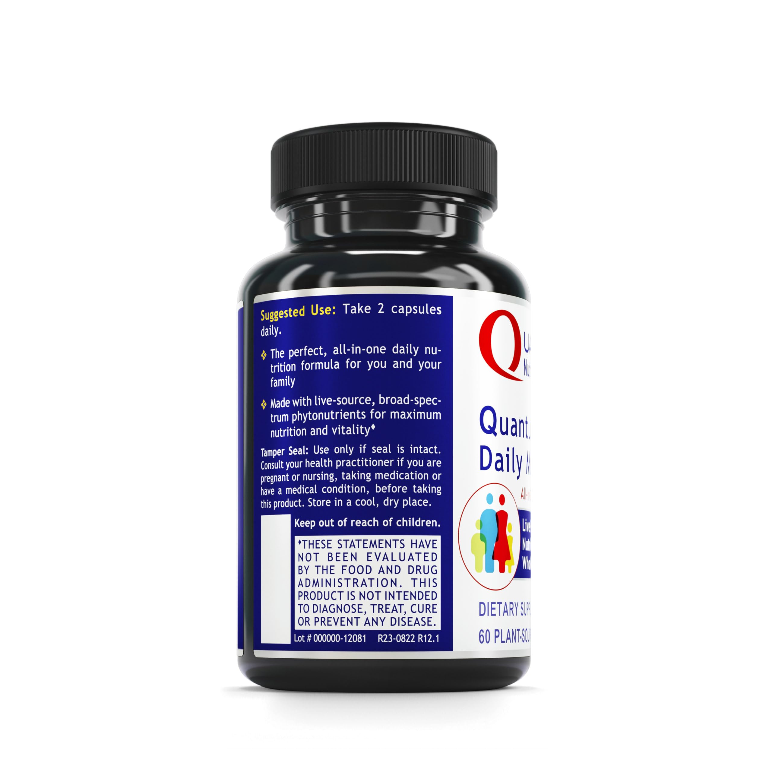 Close-up of Quantum Nutrition Daily Multivitamin label highlighting plant-based formula.