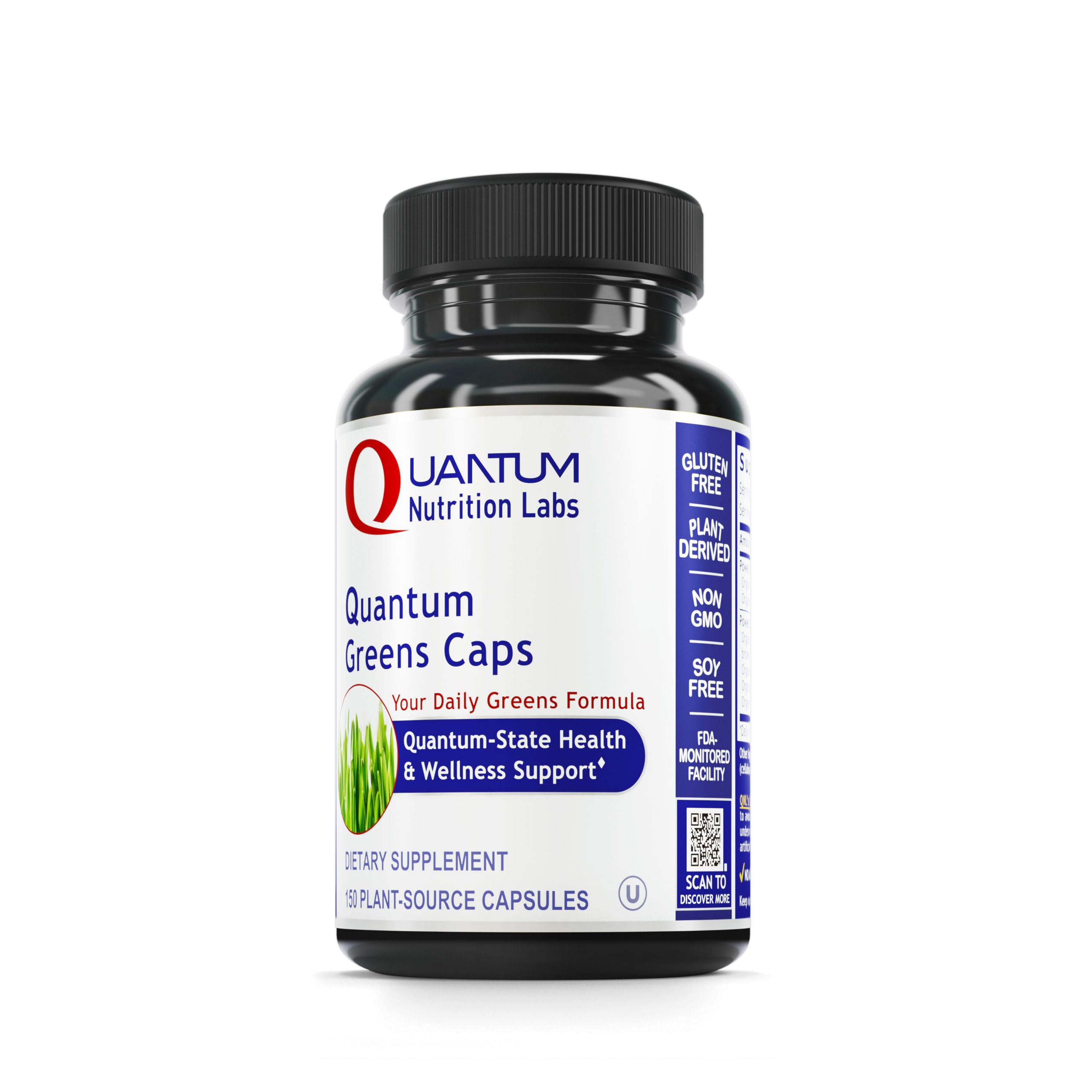 Quantum Nutrition Greens Capsules bottle on kitchen counter for daily greens