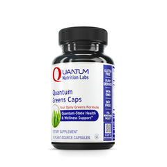 Quantum Nutrition Greens Capsules bottle on kitchen counter for daily greens