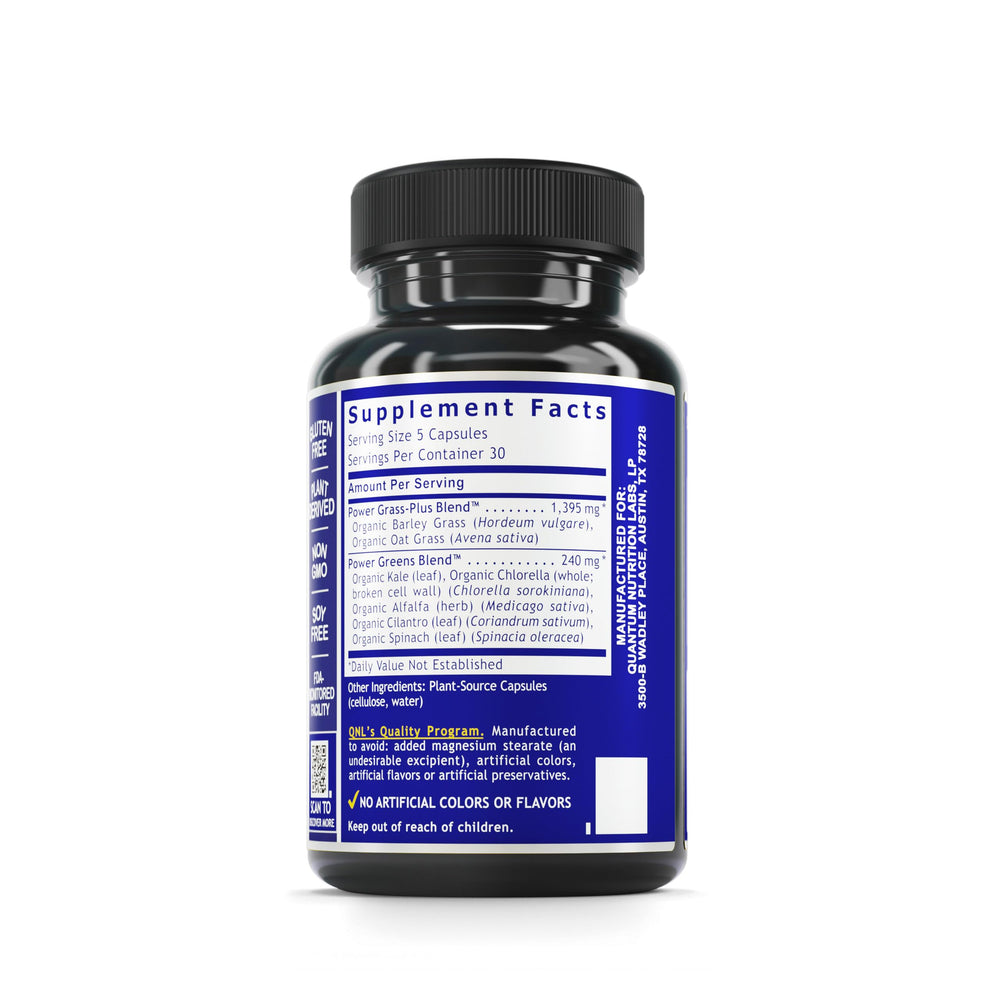 Quantum Nutrition Greens Capsules label highlighting organic ingredients and vegan suitability