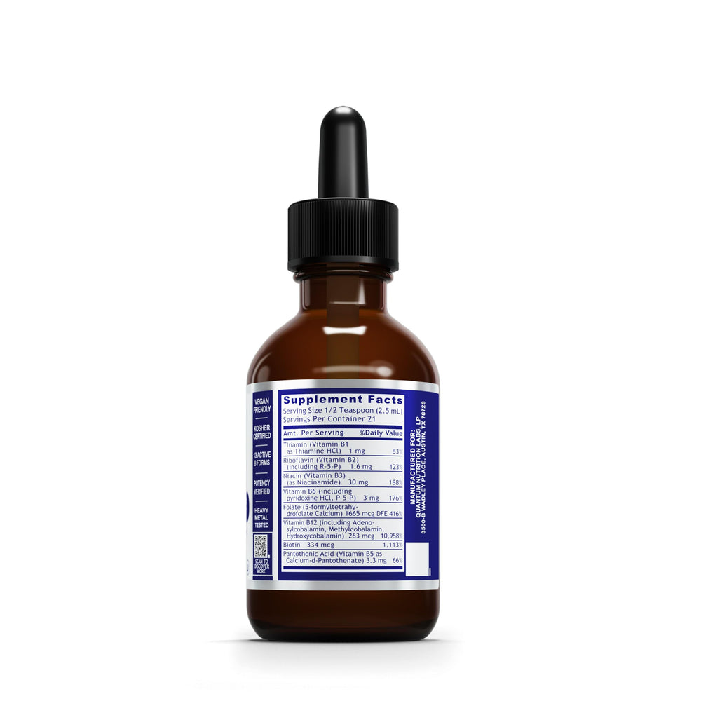 Pouring Quantum Nutrition Max Energy B drops, illustrating convenient liquid delivery for energy support.