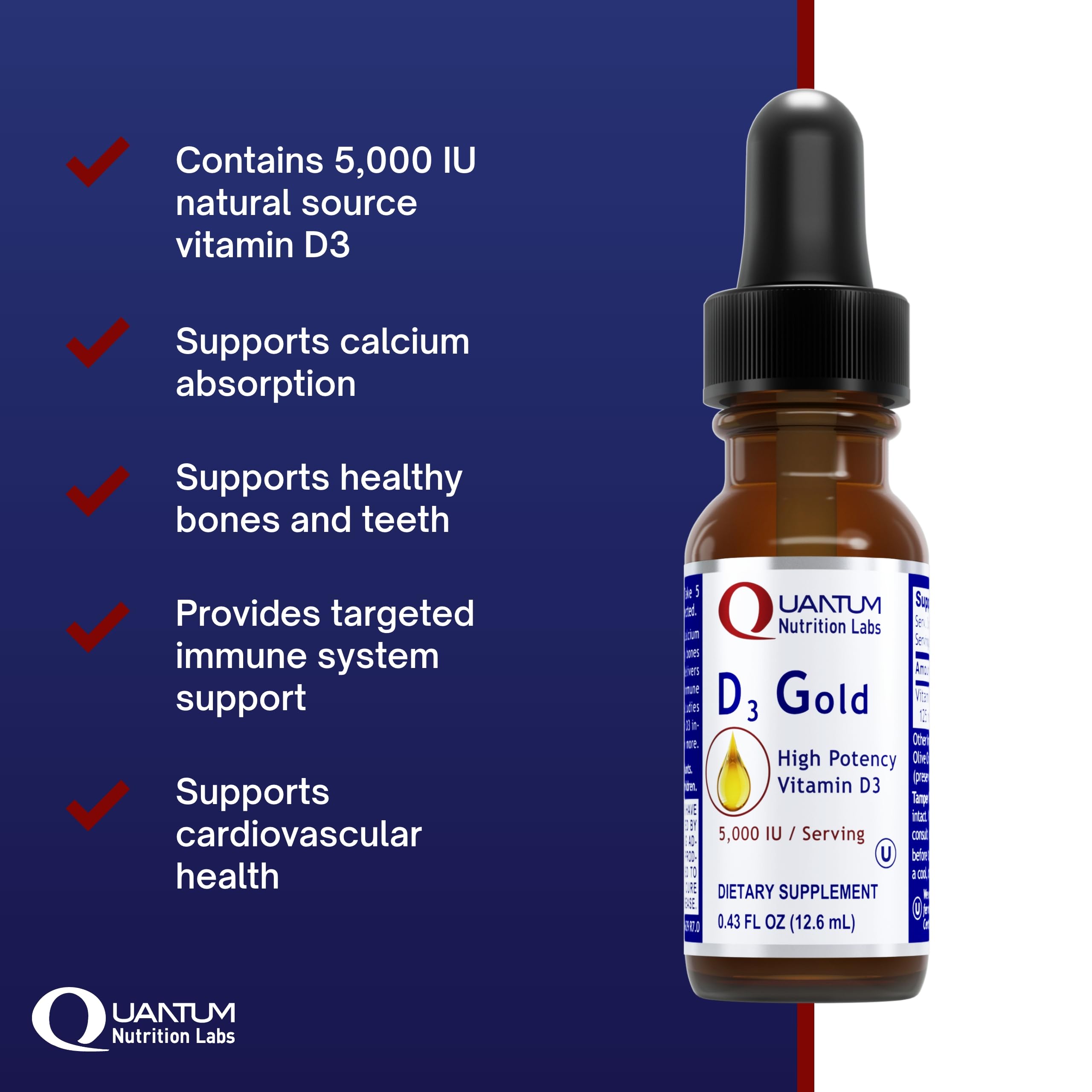 Quantum Nutrition QNL D3 Gold dropper top view shows liquid vitamin D