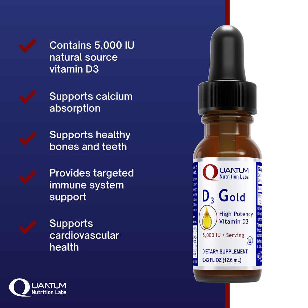 Quantum Nutrition QNL D3 Gold dropper top view shows liquid vitamin D