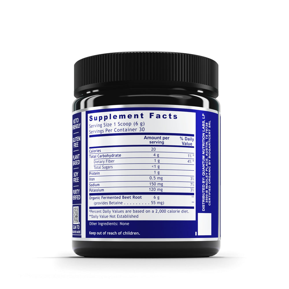 Quantum Nutrition QNL Qultured Fermented Beets powder with scoop for convenient daily use.