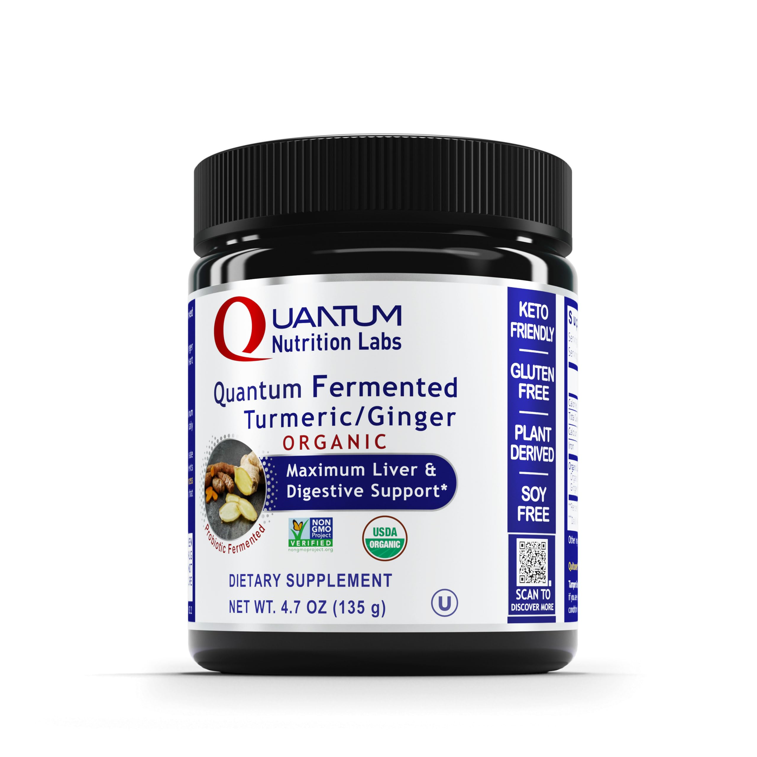 Quantum Nutrition's Quantum Fermented Turmeric Ginger bottle front showing convenient daily use