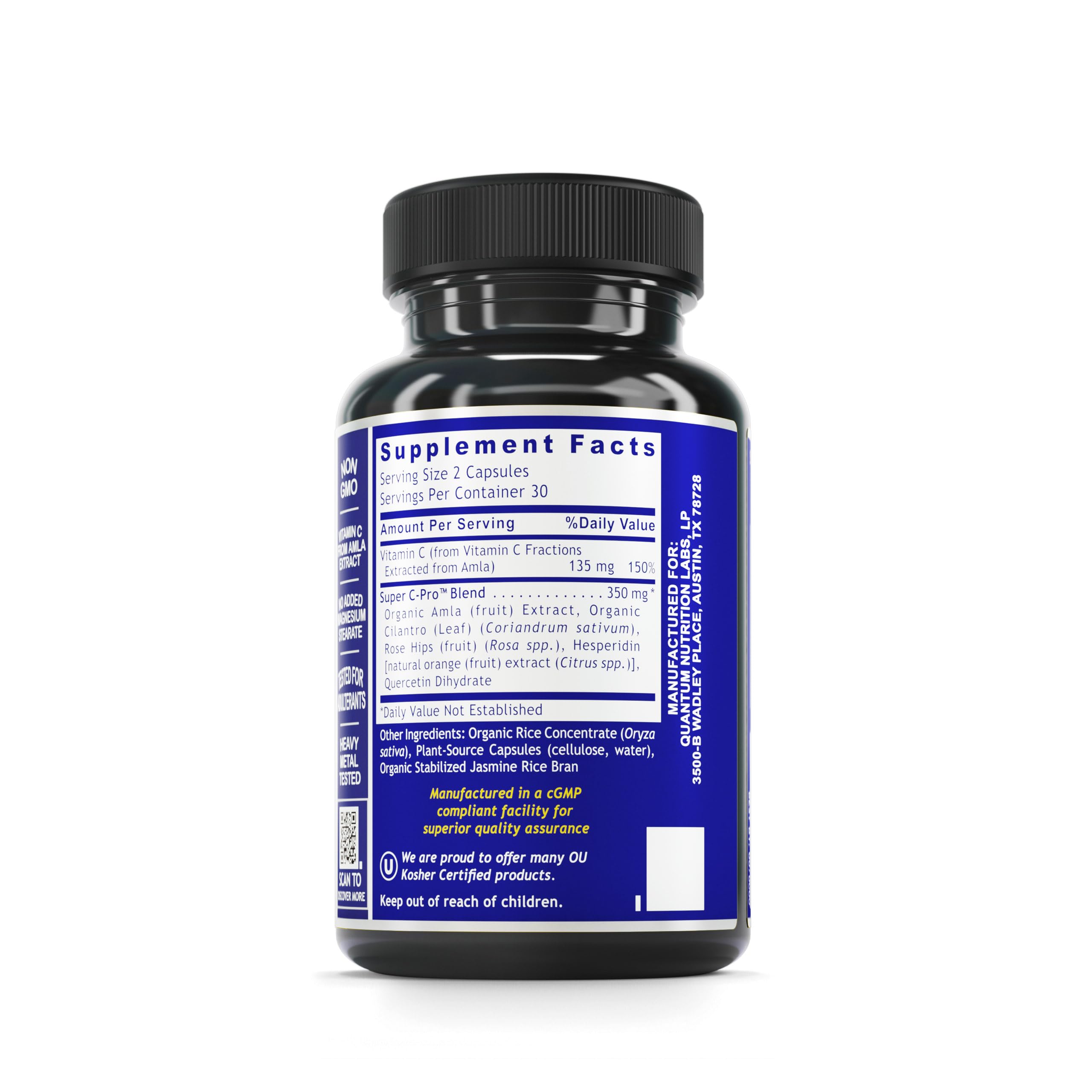 Quantum Nutrition Vitamin C label close-up emphasizes bioflavonoids and amla content