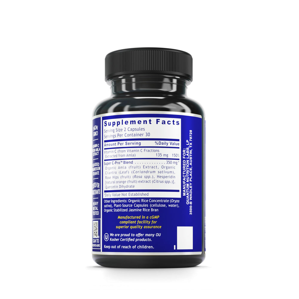 Quantum Nutrition Vitamin C label close-up emphasizes bioflavonoids and amla content