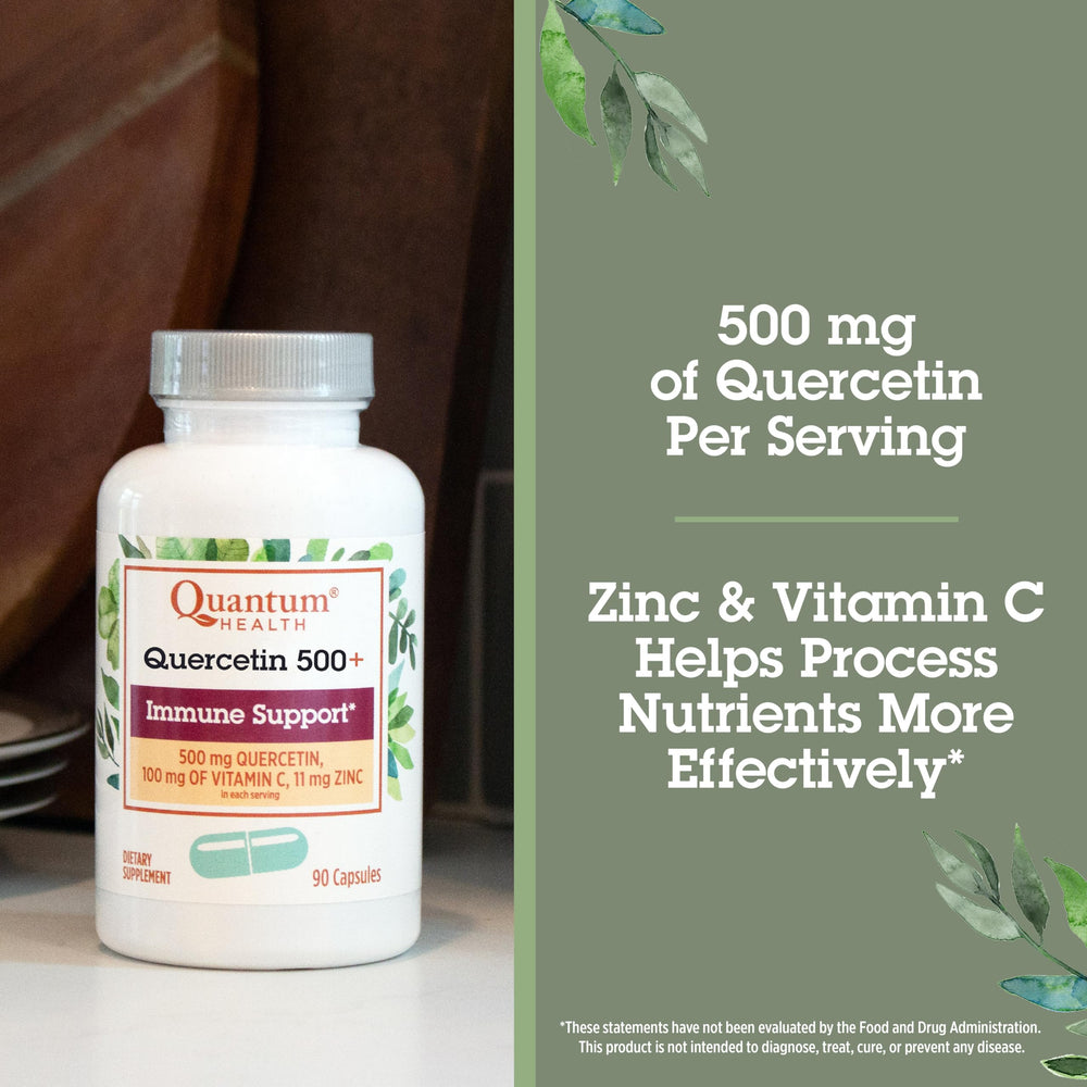Quantum Quercetin 500+ capsules close-up ready for daily wellness.