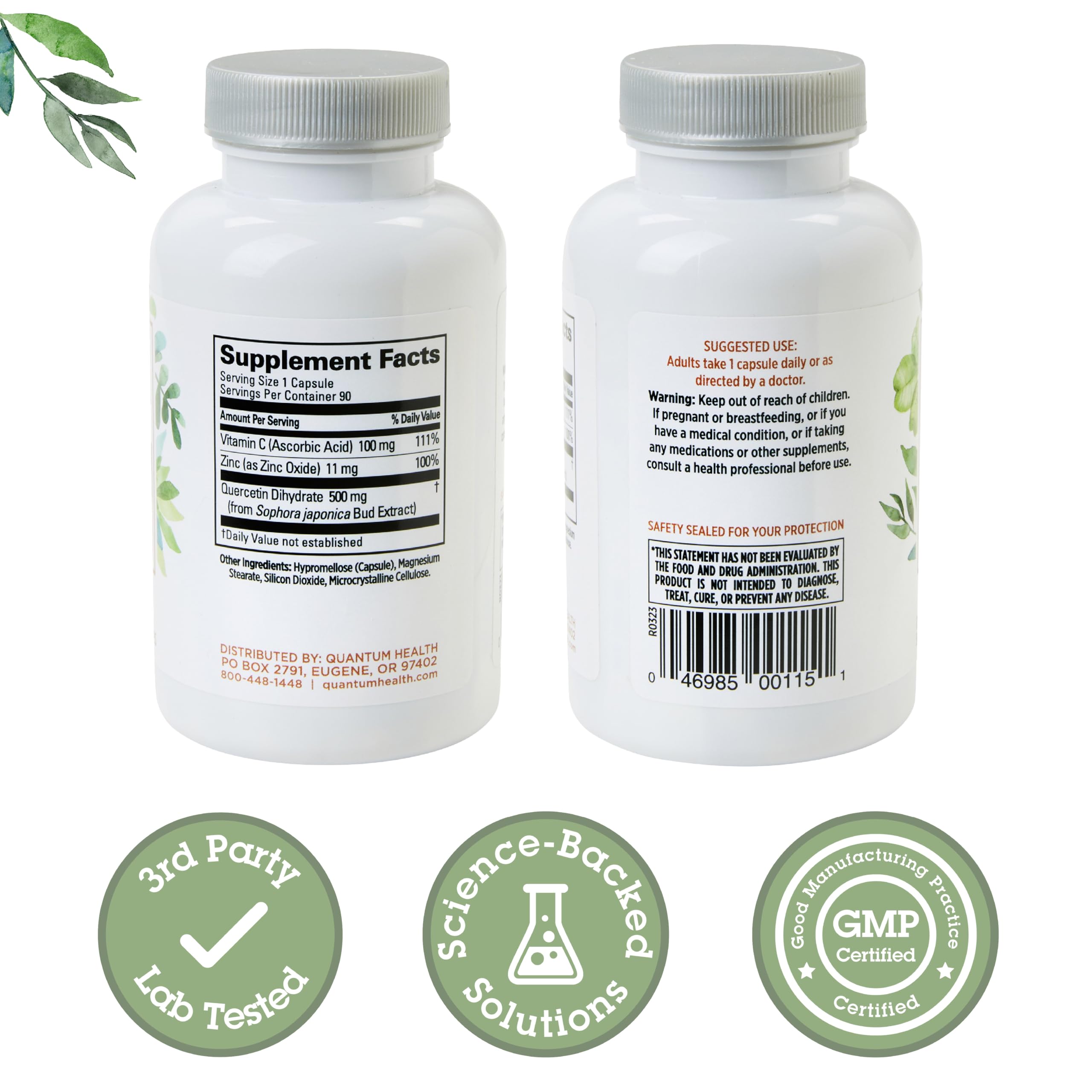 Quantum Quercetin 500+ label close-up highlighting zinc and vitamin C.