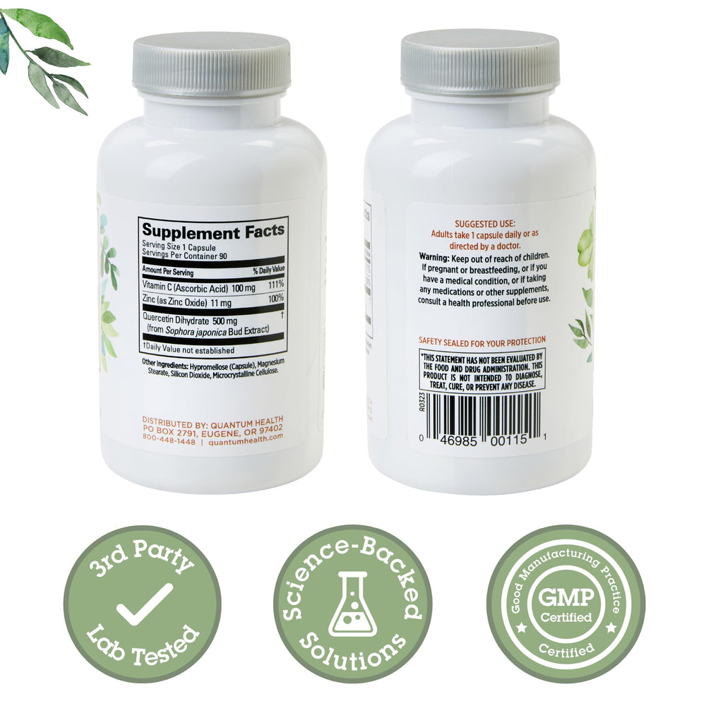 Quantum Quercetin 500+ label close-up highlighting zinc and vitamin C.