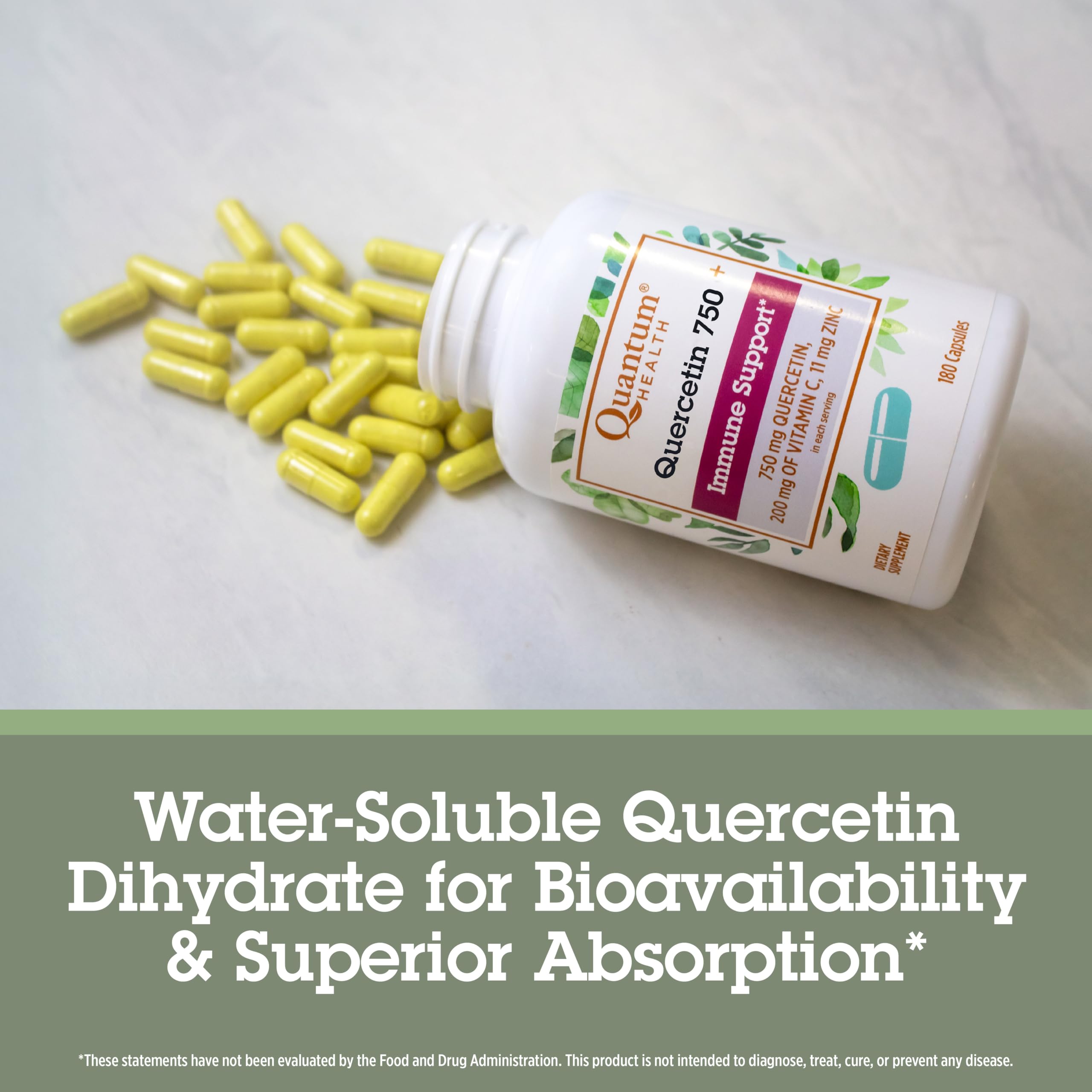 Quantum Quercetin+ bottle beside a glass showing daily wellness routine.