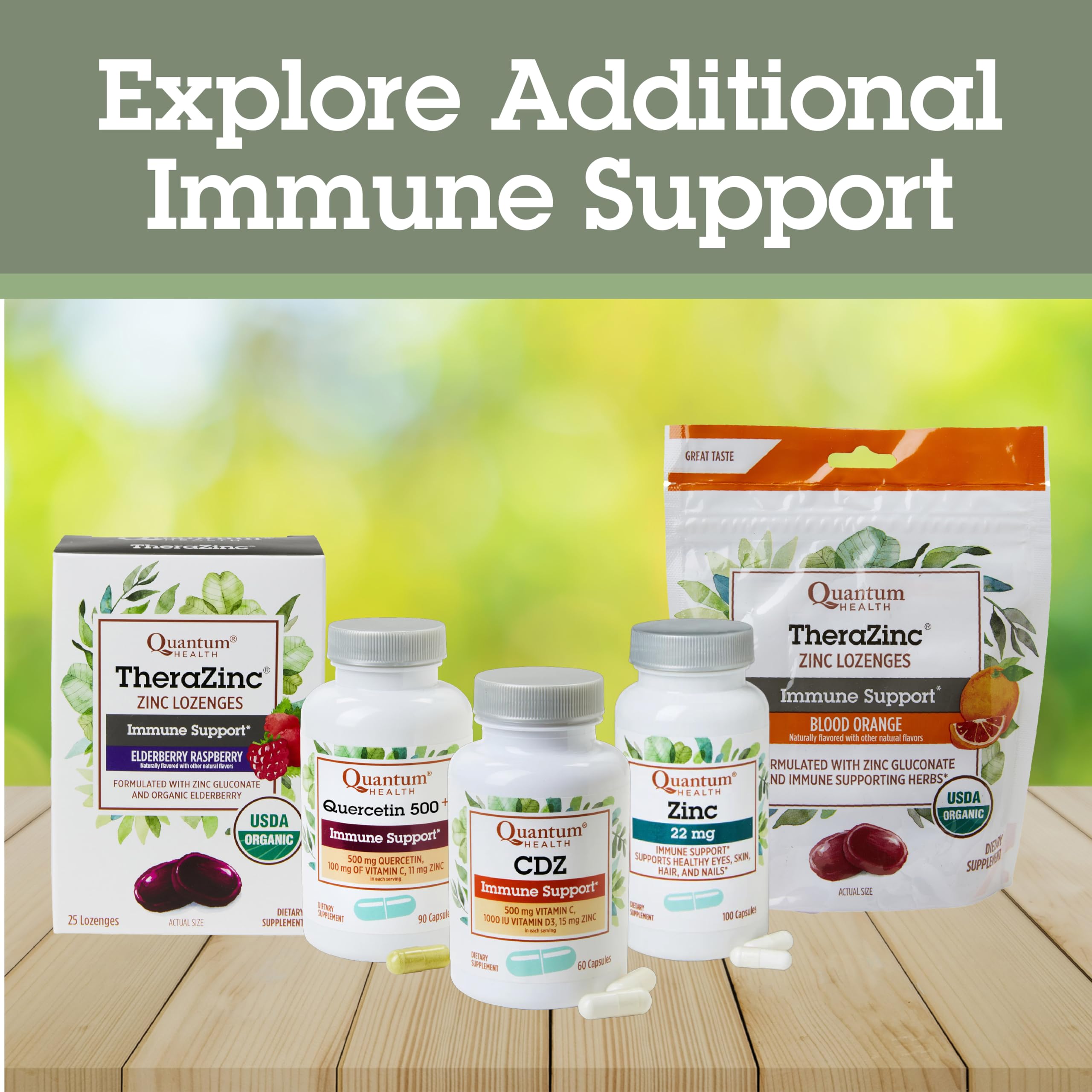 Quantum Quercetin+ bottle with label close-up on science-backed ingredients.