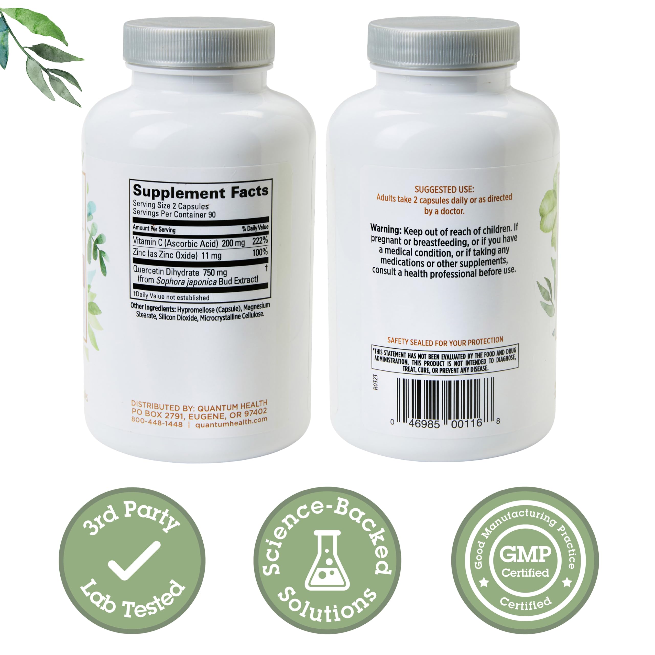 Quantum Quercetin+ capsules closeup highlighting easy-to-swallow daily capsules.