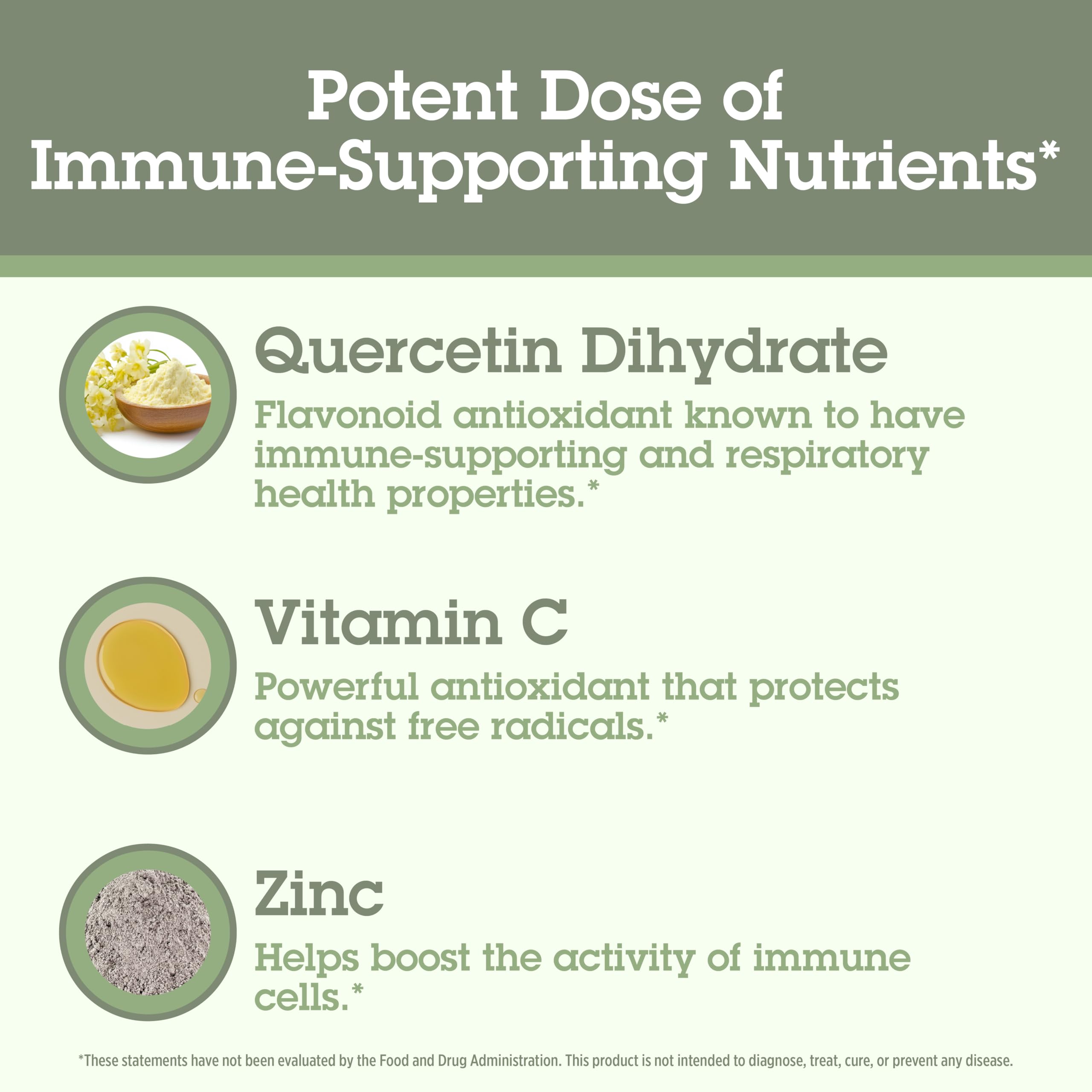 Quantum Quercetin+ zinc vitamin C package view with highlighted nutrients.