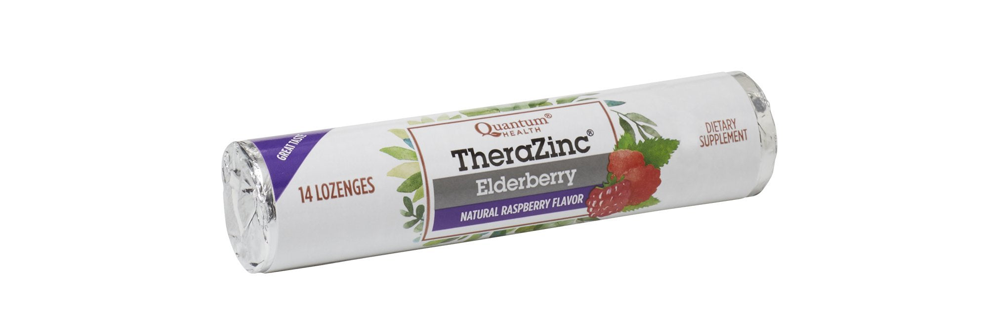 Quantum TheraZinc Elderberry lozenges pack front for on-the-go immune support