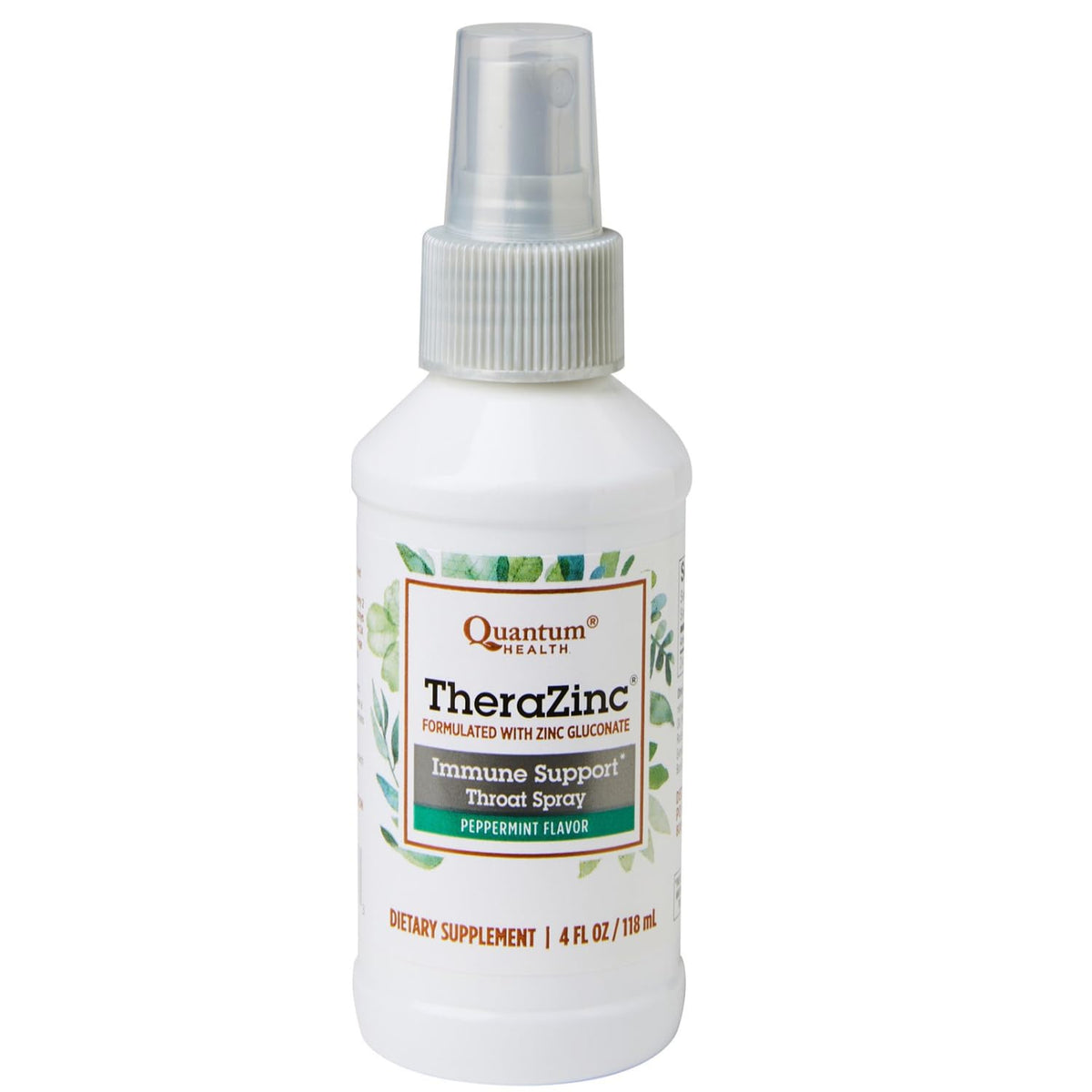 Quantum Health TheraZinc throat spray bottle showcases peppermint cooling for throat comfort.