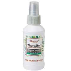 Quantum Health TheraZinc throat spray bottle showcases peppermint cooling for throat comfort.
