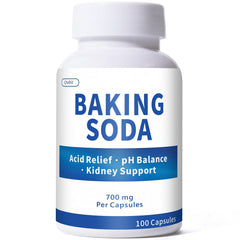 QUBIT Baking Soda Capsules bottle on a counter for daily digestive support.