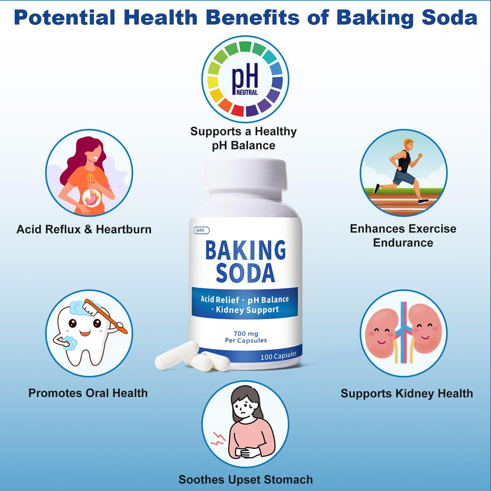 QUBIT Baking Soda Capsules label highlights non-GMO gluten-free quality.
