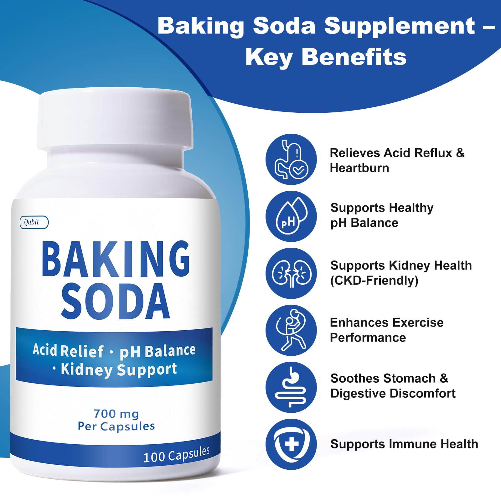 QUBIT Baking Soda Capsules being poured for easy acid relief.