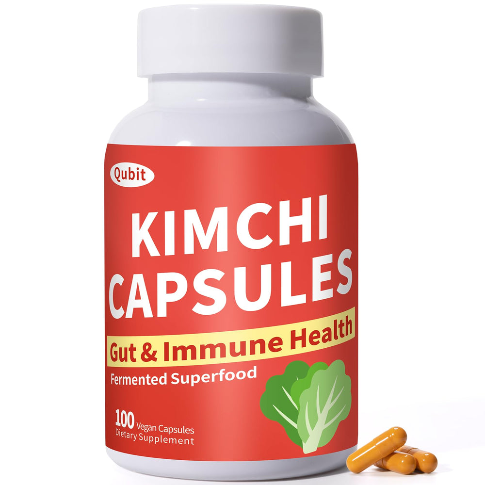 QUBIT Kimchi Capsules bottle shows convenient gut health support.