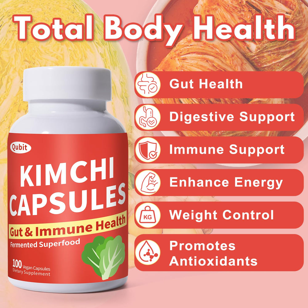QUBIT Kimchi Capsules vegan label emphasizes plant-based formulation.