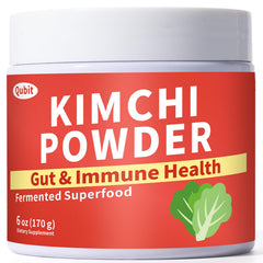 QUBIT Kimchi supplement bottle highlighting probiotic benefits for gut health.