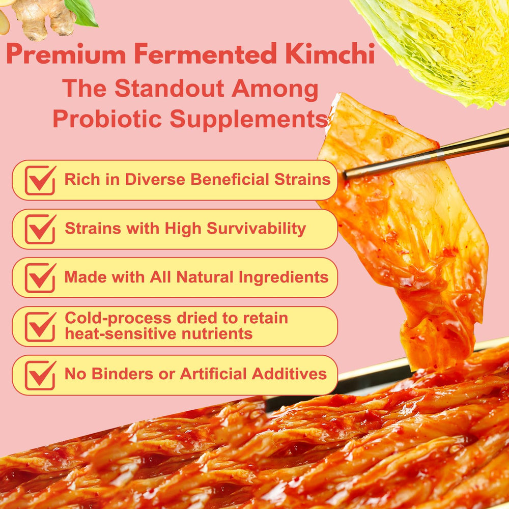 QUBIT Kimchi closeup ingredients showing live probiotics and enzymes.