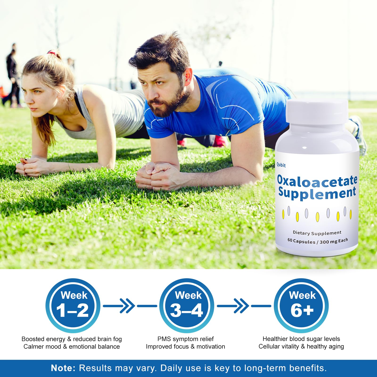 QUBIT Oxaloacetate bottle pour showing convenient daily dosing.
