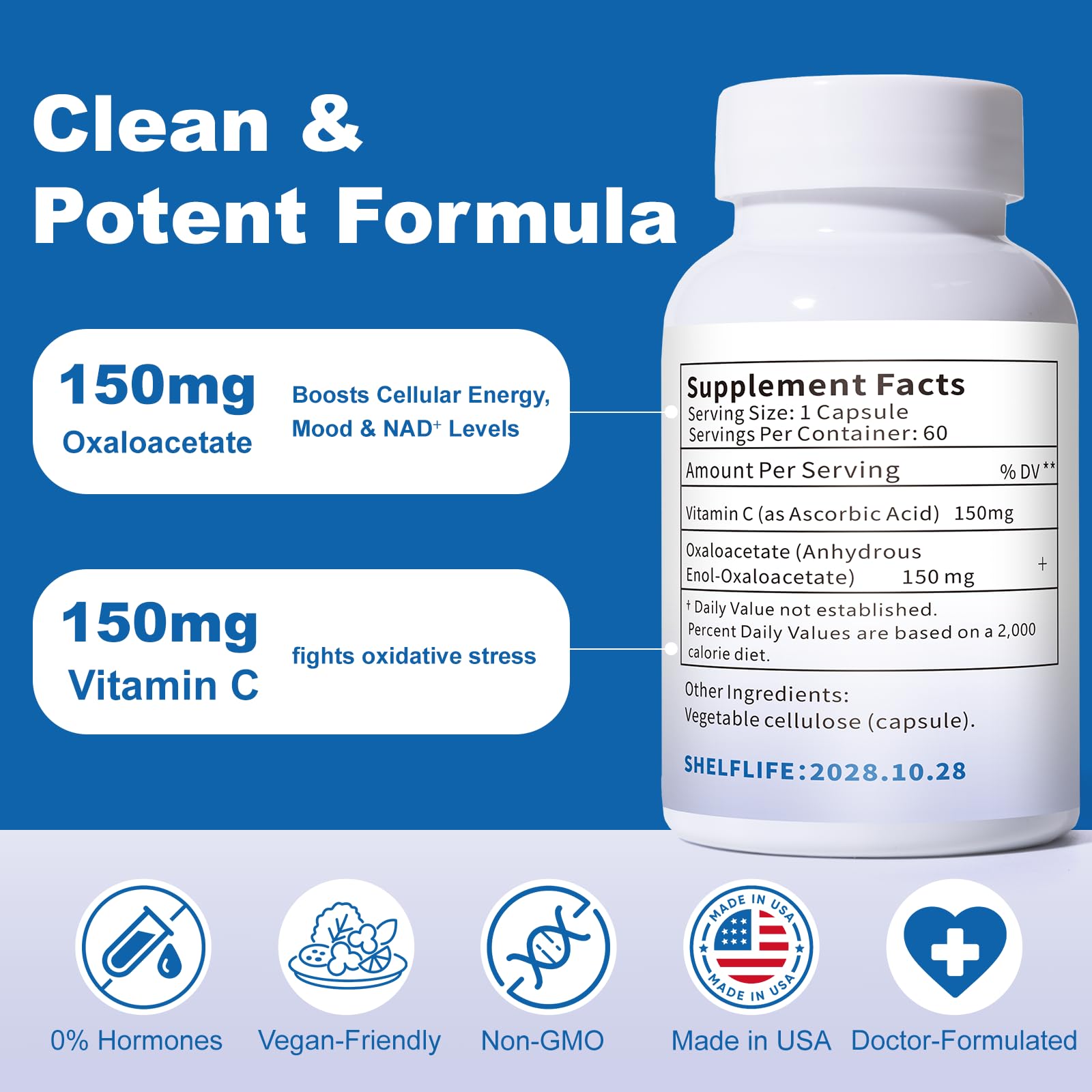 QUBIT Oxaloacetate label front highlighting vegan capsule details.