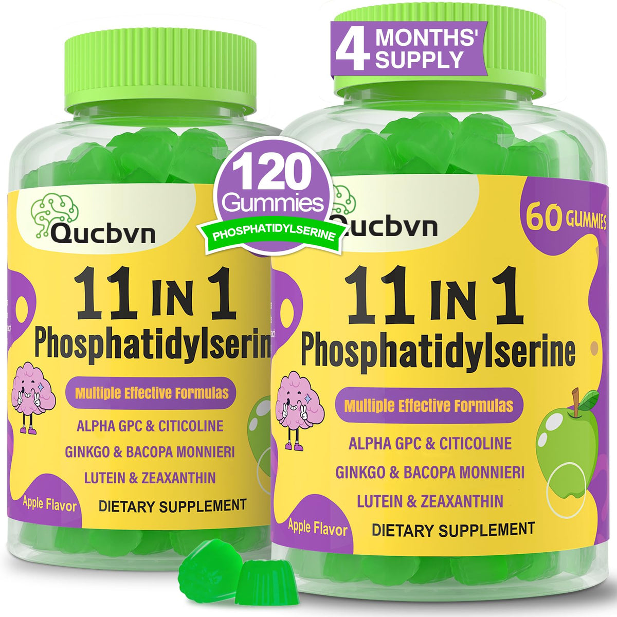 Qucbvn PS600mg gummies bottle with apple flavor for focus support