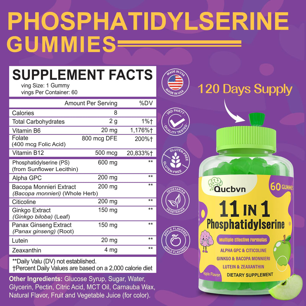 Qucbvn PS600mg gummies closeup highlighting 11-in-1 brain formula