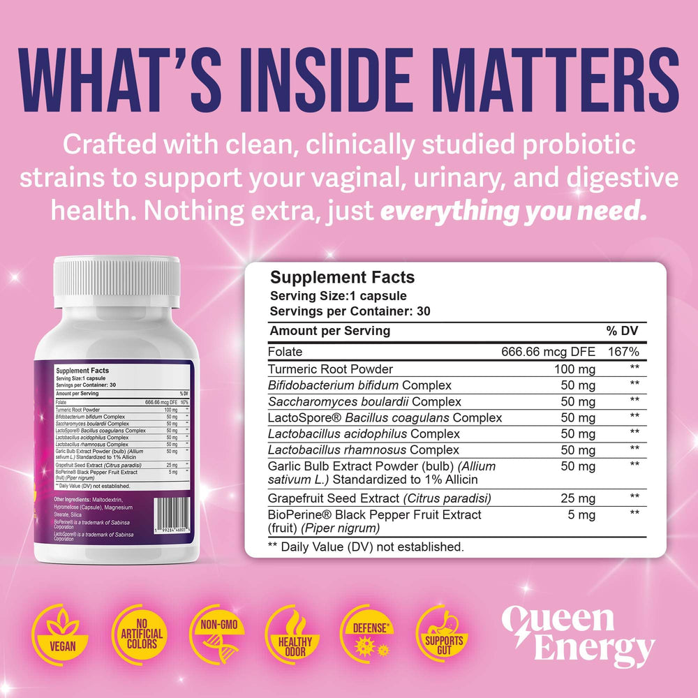 Queen Energy digestive health illustration shows gut balance and comfort.