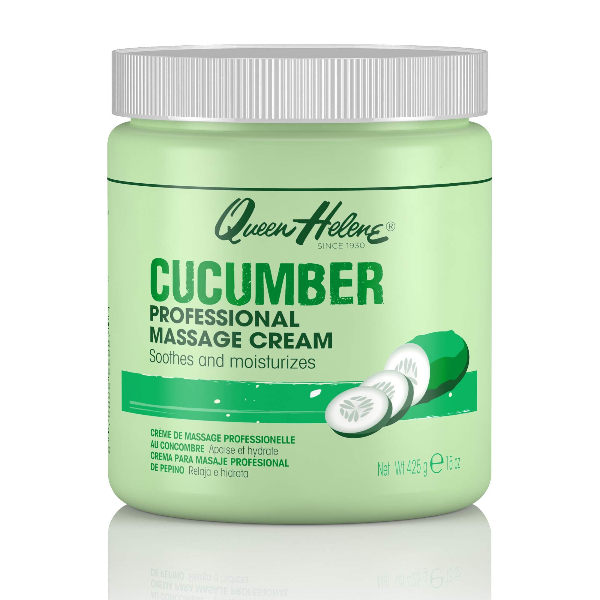 Queen Helene Professional Cucumber Massage Cream jar with refreshing cucumber scent for spa use.