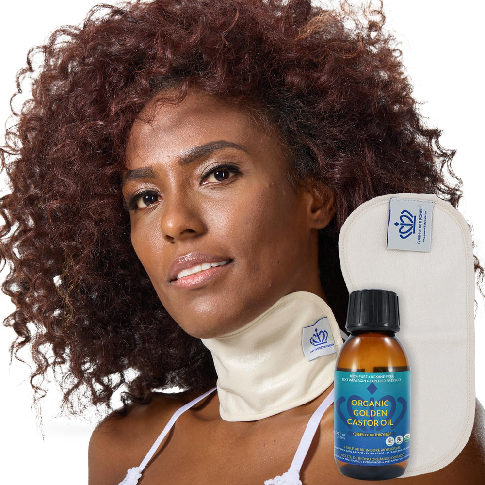 QUEEN OF THE THRONES Castor Oil Pack neck-area for targeted neck support and hydration.