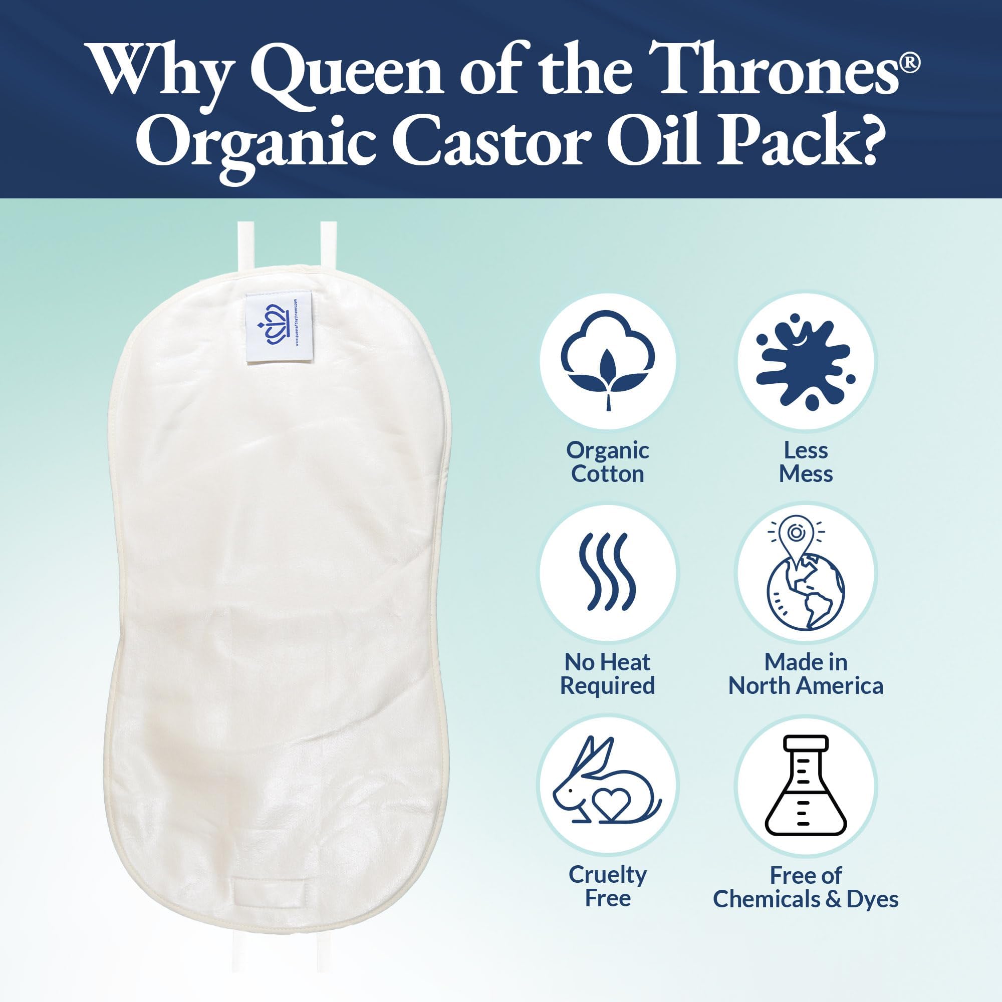 Queen of the Thrones Castor Oil Pack soft nylon straps support gentle fit.