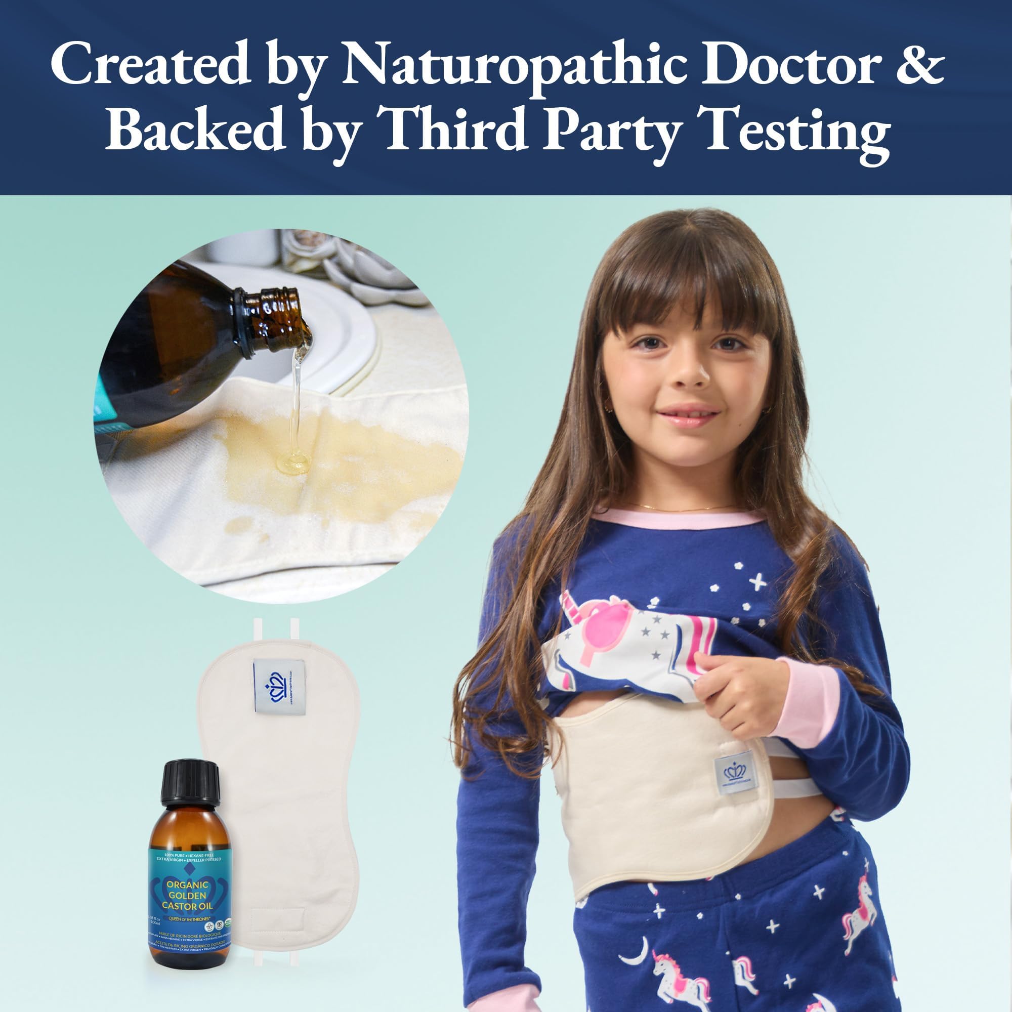 QUEEN OF THE THRONES Castor Oil Pack on a child’s torso shows fit
