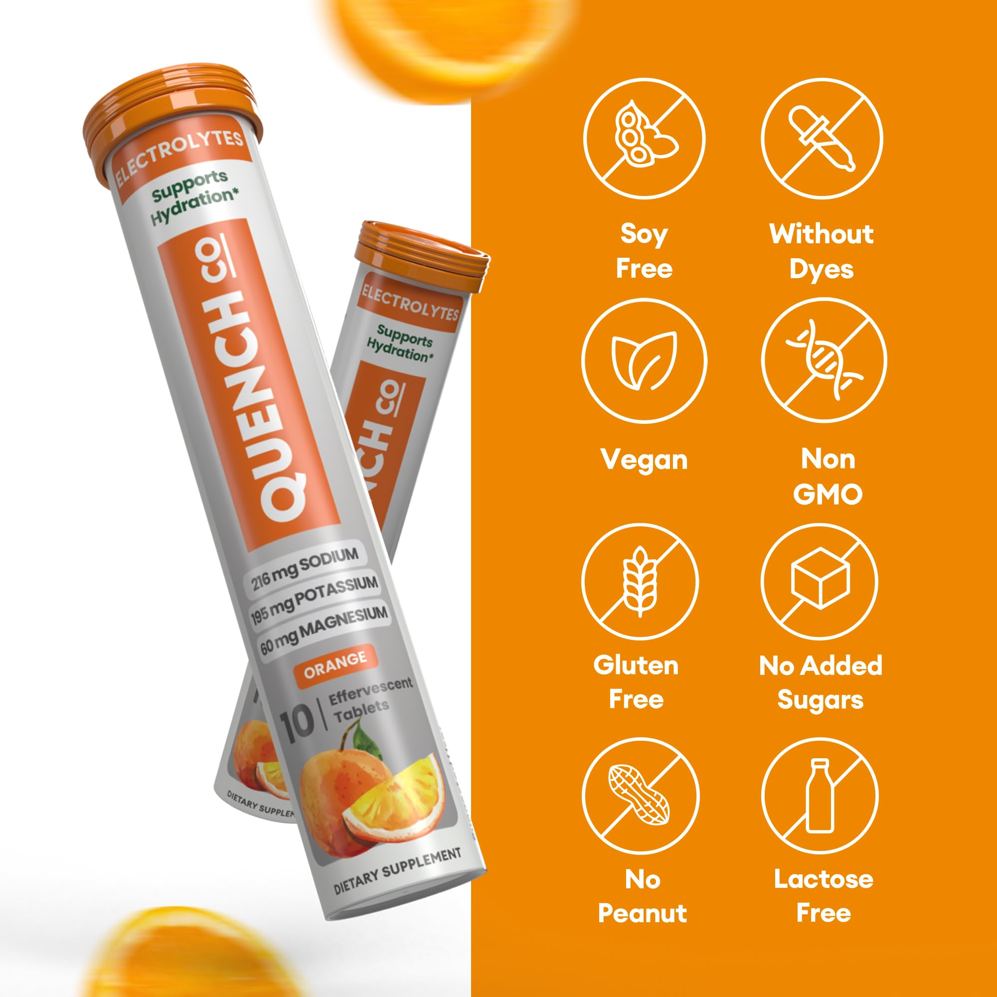 Quench Electrolyte Tablets close-up texture shows compact form.