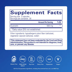Quercetin 500 mg capsules close-up showing daily dosing.