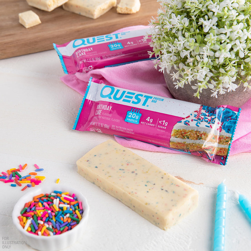 Chewy outer coating of Quest Birthday Cake Bar with frosting-inspired sweetness.