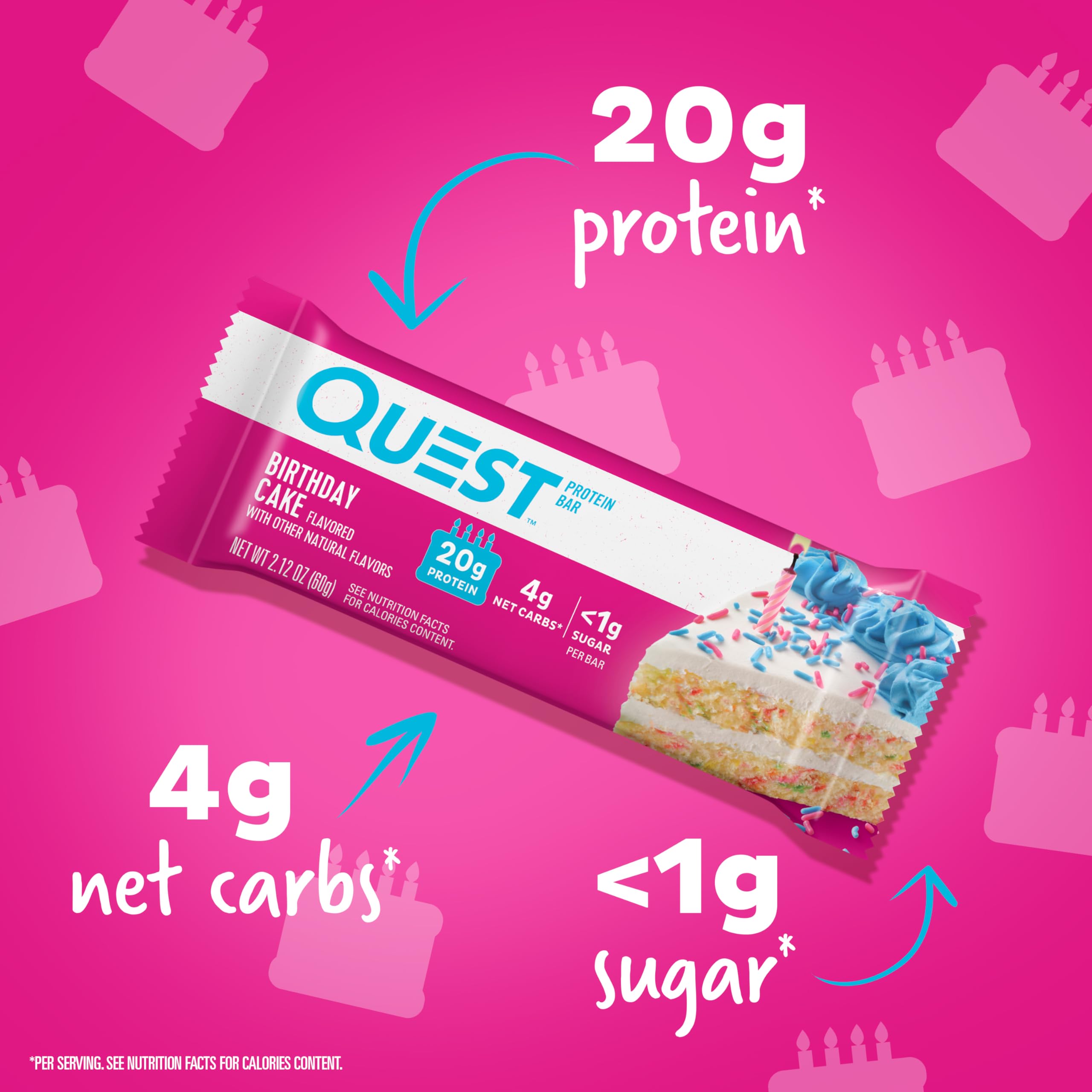 Close-up of Quest Birthday Cake Bar texture with chewy coating and cake-like crumbs.