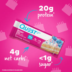 Close-up of Quest Birthday Cake Bar texture with chewy coating and cake-like crumbs.