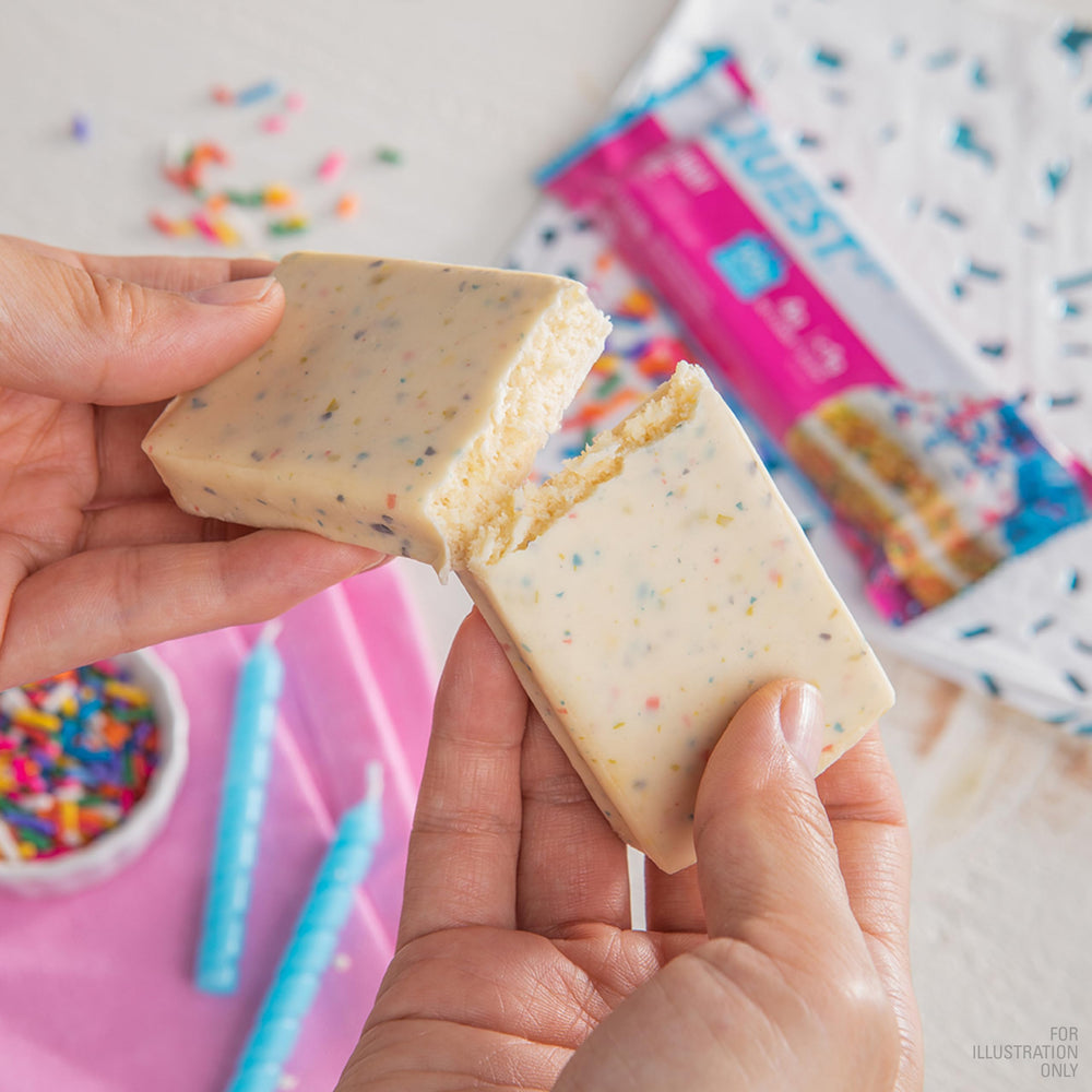Four-pack of Quest Birthday Cake Bars for convenient gluten-free snacking.